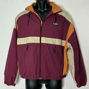 Obey Cropped Windbreaker Jacket Burgundy Hidden Hood Colorblock Hooded Zip S